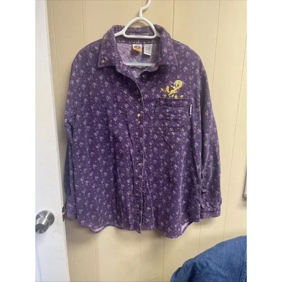 Vintage Ladies Looney Tunes Shirt Corduroy Purple Tweety Bird Size 18W/20W - Picture 6 of 6